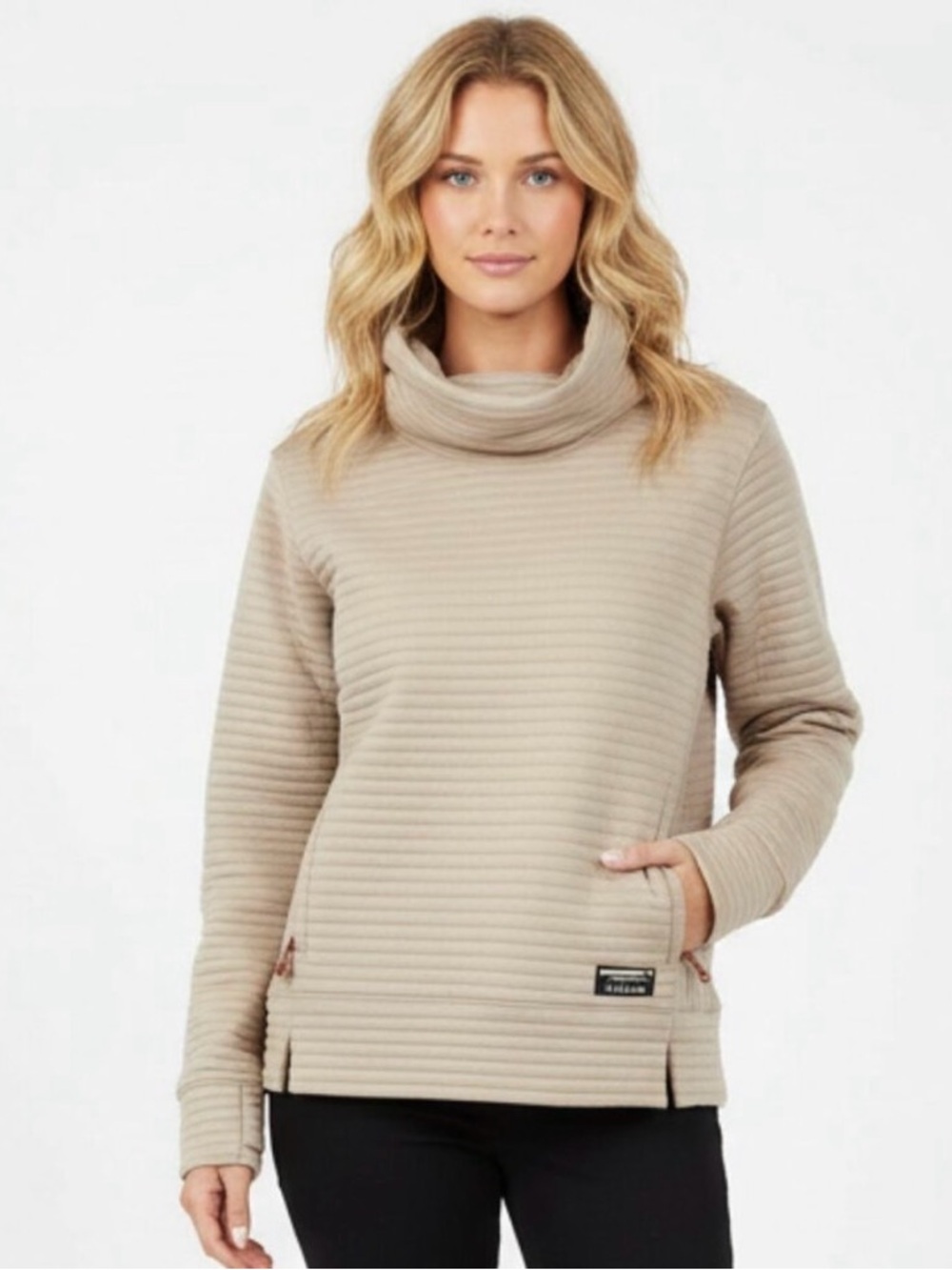 L.L. Bean Women's Airlight Pullover Ribbed Funnelneck Cowl Neck - Tan large